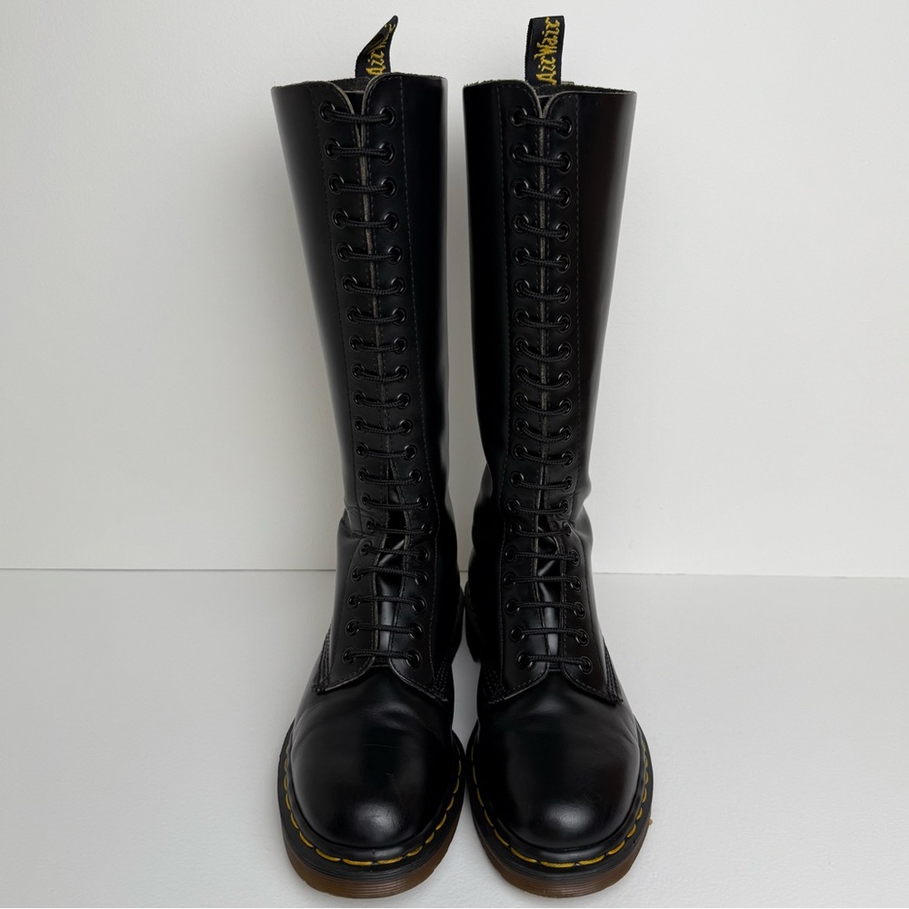 Vintage Dr. Martens MIE Black Smooth Leather Tall 20 Eye Boots UK 5 - Picture 2 of 16